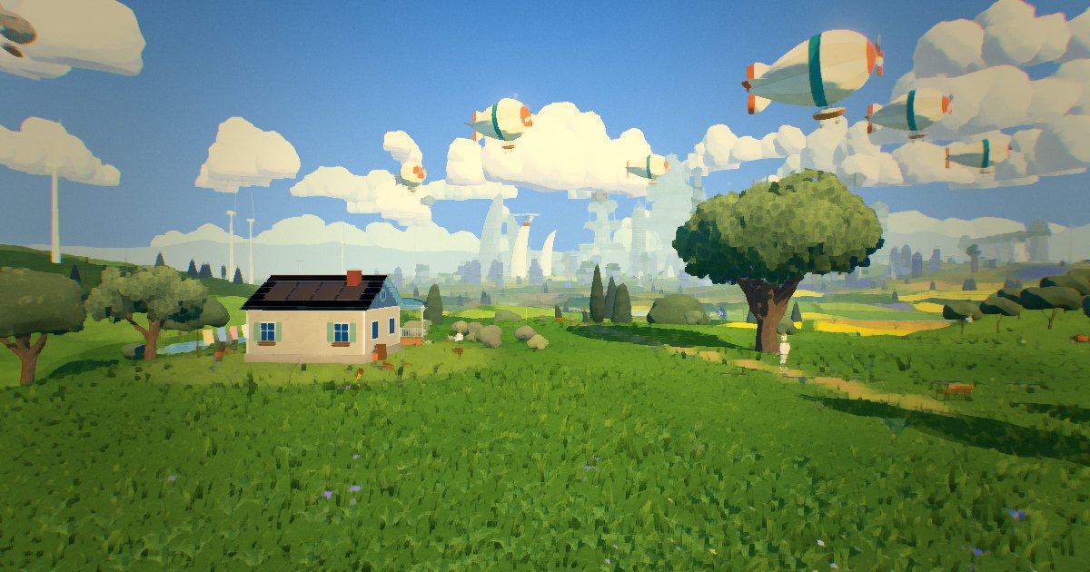 a cottage with solar panels on a green hill, airships drifting over a far city