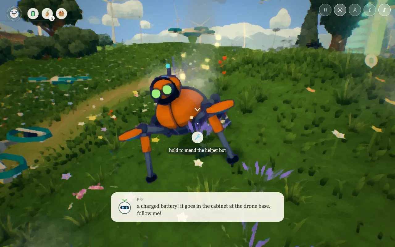 a stuck helper bot in a field, a hold-to-mend prompt on screen