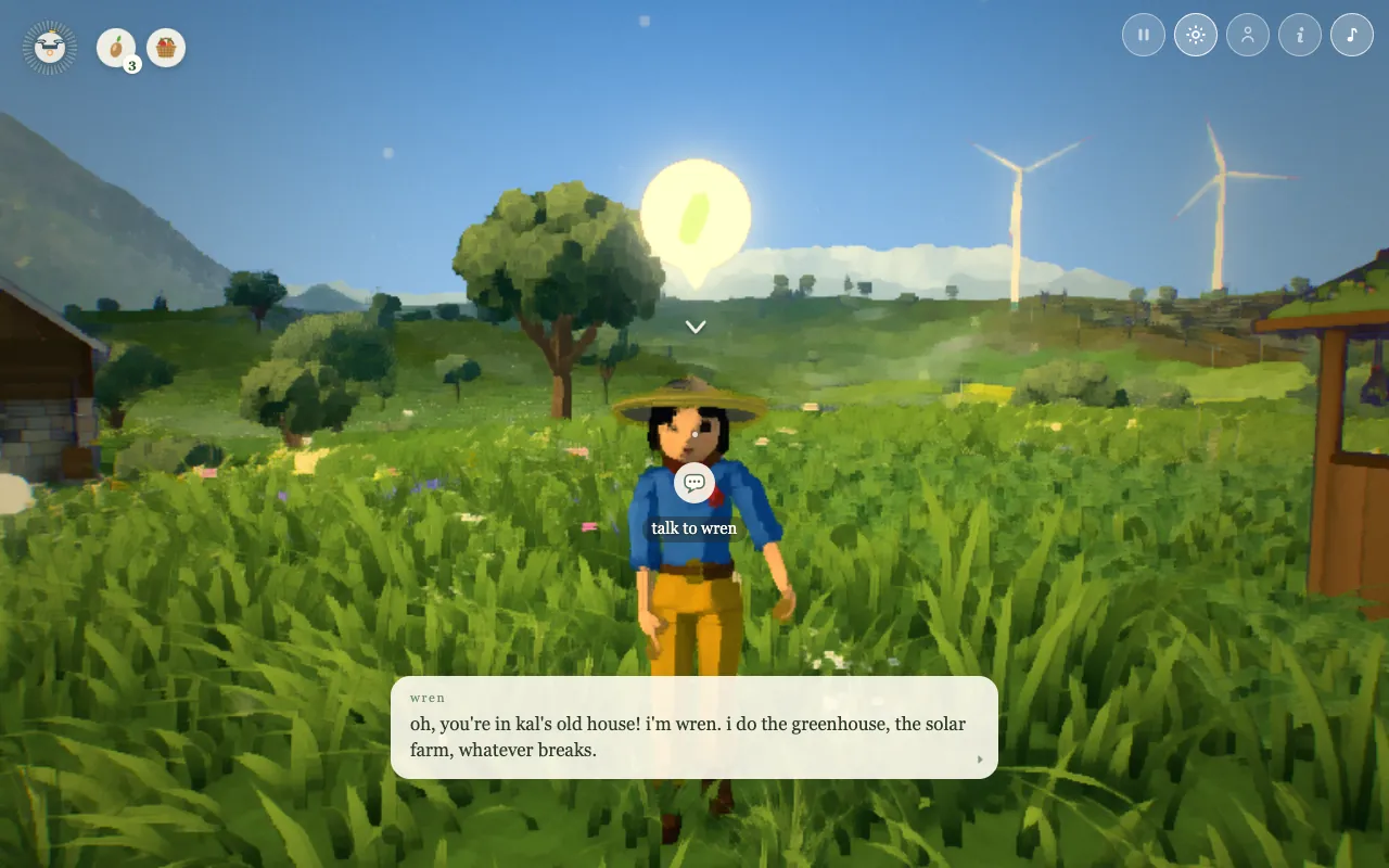 talking with a neighbour by the greenhouse, their words on screen
